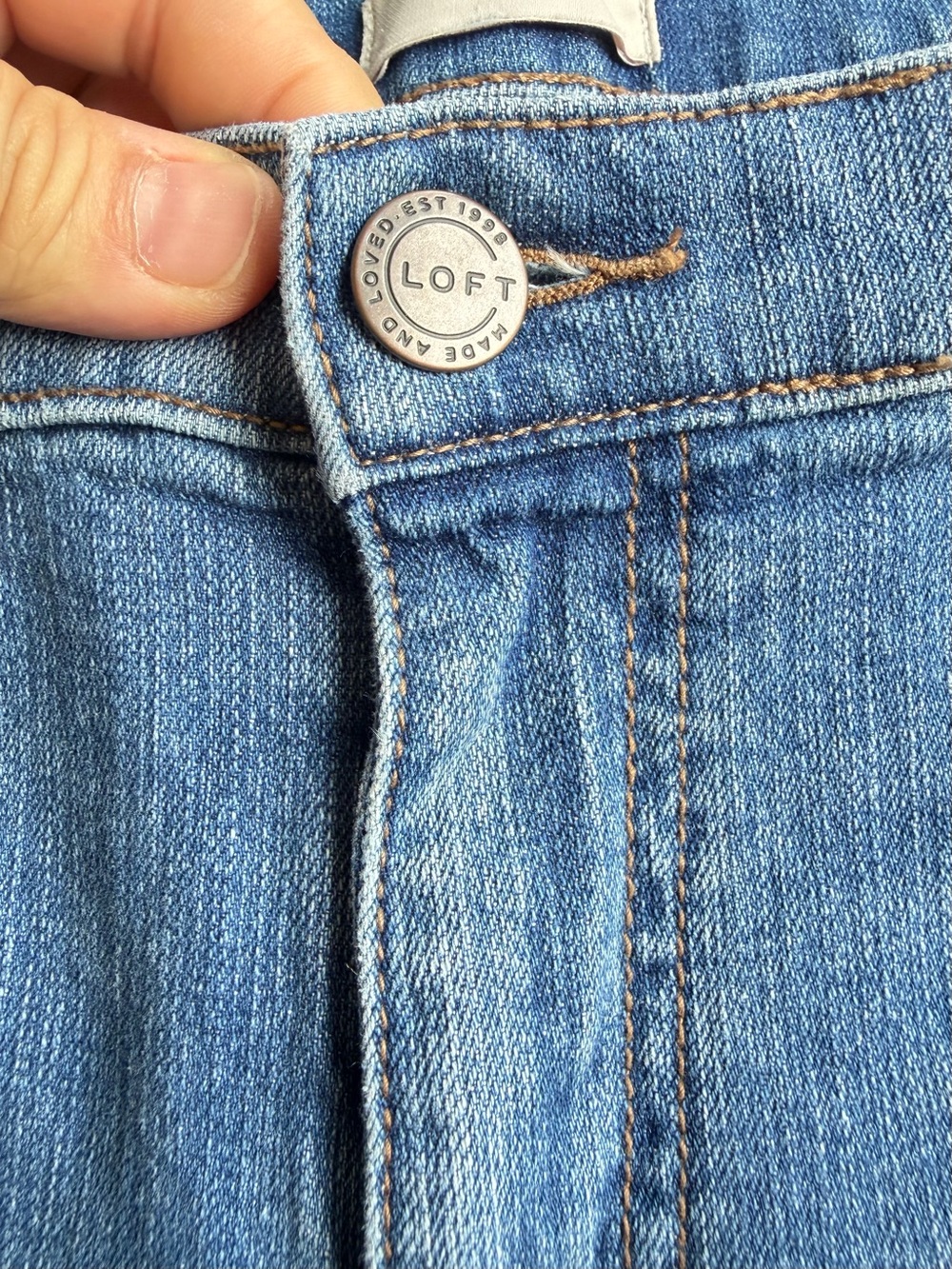 LOFT Blue Straight-Leg High-Rise Jeans with Paint Speckle - Picture 8 of 12